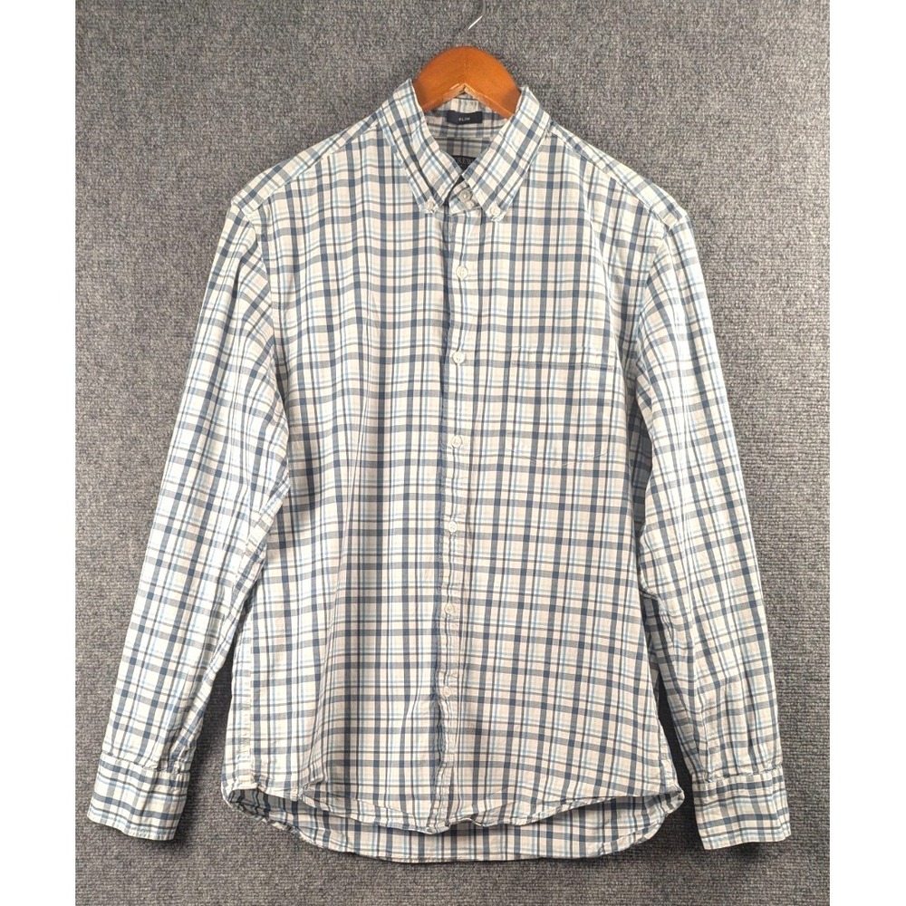 J.Crew Flex Washed Slim Fit Button Front Shirt Men's Large Blue‎ Plaid Cotton